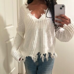 American Threads White V-Neck Distressed Sweater